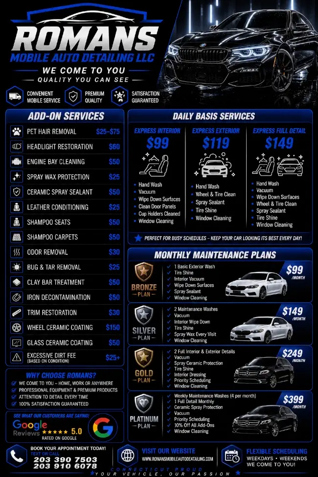 Romans Mobile Auto Detailing services menu